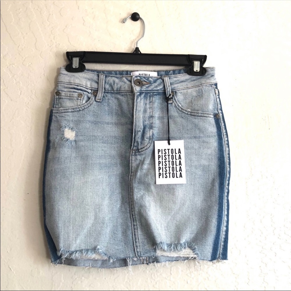 NEW Pistola Sierra two-tone distressed denim mini in light blue wash size 25